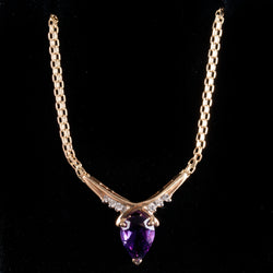 14k Yellow Gold Pear Amethyst Solitaire Necklace W/ Diamond Accents 1.76ctw