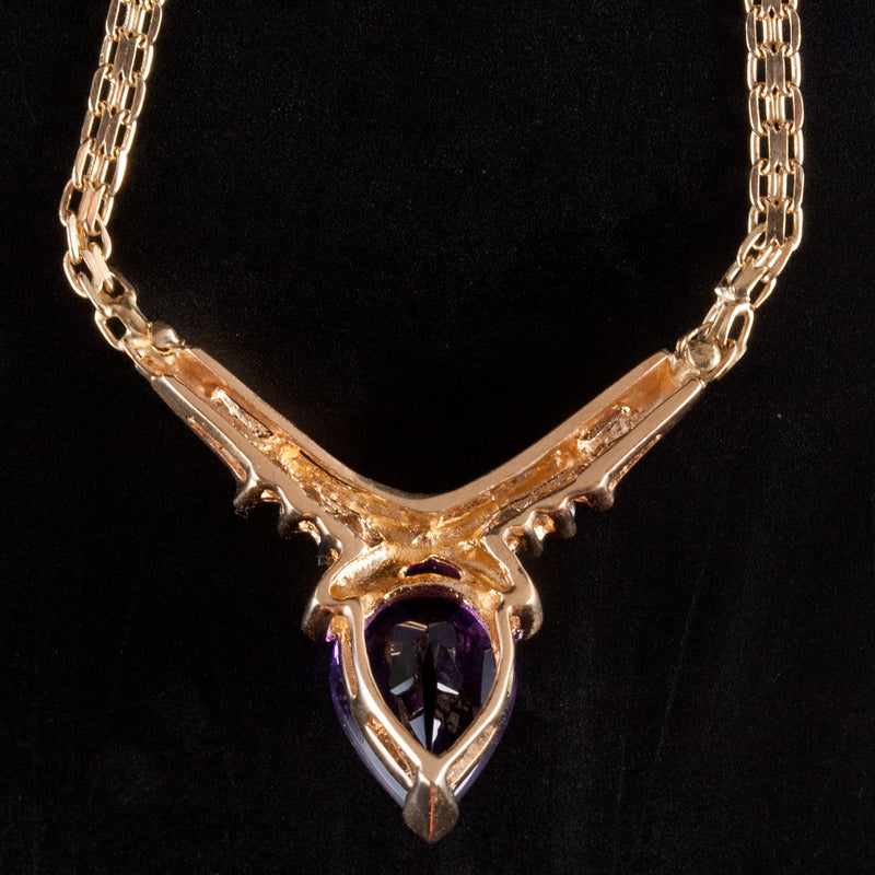 14k Yellow Gold Pear Amethyst Solitaire Necklace W/ Diamond Accents 1.76ctw