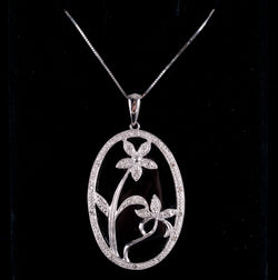 14k White Gold Onyx & Diamond Floral Pendant W/ 20" Chain .125ctw 7.45g