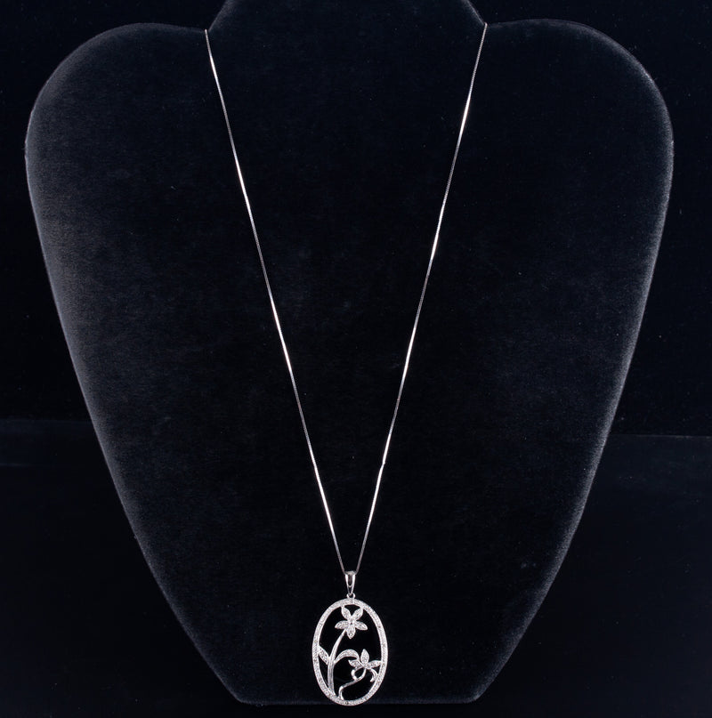14k White Gold Onyx & Diamond Floral Pendant W/ 20" Chain .125ctw 7.45g